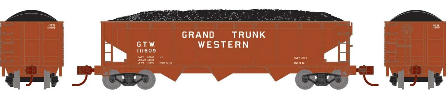 Athearn N 28573 40' Offset Coal Hopper With Load, Grand Trunk Western #111609 1 Athearn N 28573 40' Offset Coal Hopper With Load, Grand Trunk Western #111609
